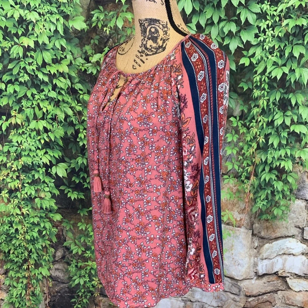 LUCKY BRAND Rust Boho Long Sleeve Contrast Stripe Floral Tassel-Tie Blouse, S - Picture 4 of 11